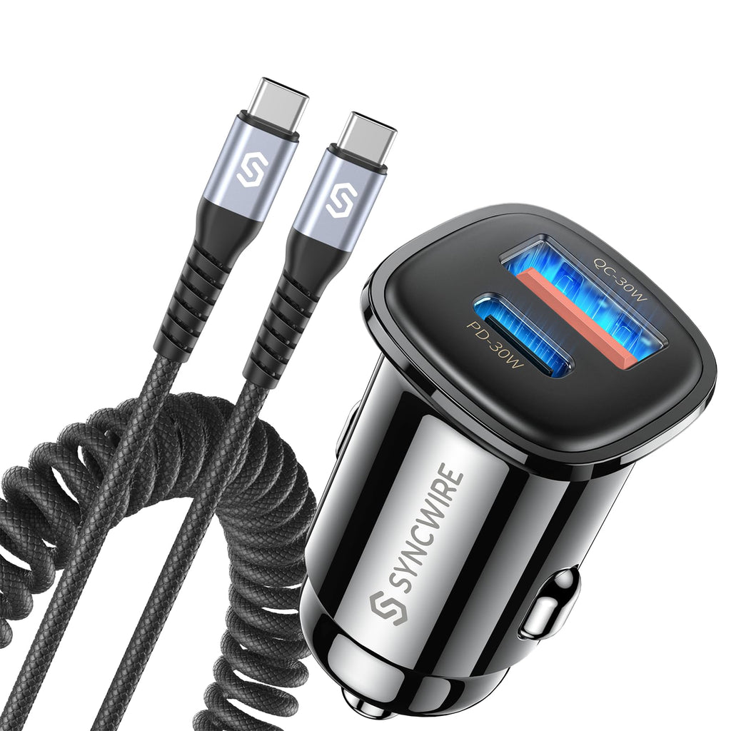 [Australia - AusPower] - Syncwire USB C Car Charger 60W [PD 30W & QC 30W] Fast Charging USB Adapter with 5FT Type C Cable Compatible with Samsung S23/S22 Google Pixel 7/7Pro iPhone 14 Pro Max and More Black 