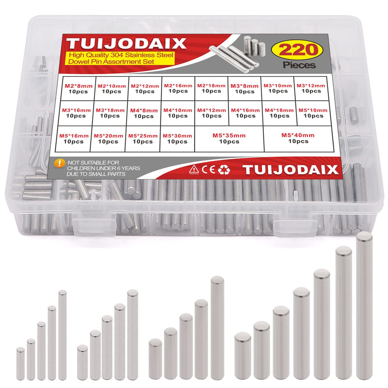 [Australia - AusPower] - 220Pcs 22 Kinds M2 M3 M4 M5 304 Stainless Steel Dowel Pin Cylindrical Shelf Support Peg Pin Rod Fasten Elements Assortment Kit M2/M3/M4/M5 