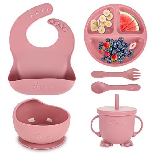 Silicone Baby Feeding Set, Suction Plate Bowl for Baby Led Weaning Dark Pink
