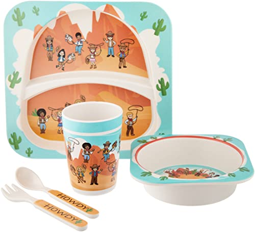Western Cowboys Themed Kids Dinnerware - 5 Piece Set, Bamboo Fiber Plate, Bowl & Cup, Toddler Safe Utensils 5 Piece Western Dinnerware