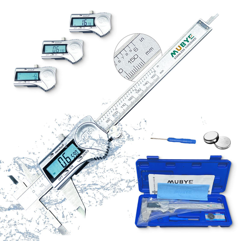 Digital Caliper Micrometer Measuring Tool, 6 Inch /150mm | Stainless Steel, Electronic Vernier Calipers, IP54 Waterproof, Accuracy Gauge Switch, Inch Metric Fraction,with LCD Screen