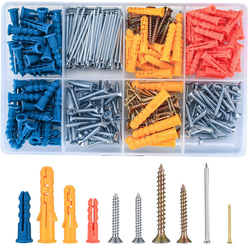 [Australia - AusPower] - 360 Pcs Drywall Wall Anchors and Screws and Nails Kits, Chipboard Wall Fish Type Wall Plugs, Plasterboard Mount Flat Head Self Tapping Fixings Wood Plugs and Screws and Nails 