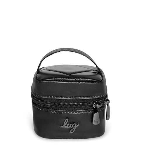 Lug Swizzle Mini Travel Jewelry Case – Compact Organizer with Ring Rolls, Earring Holder, Necklace Pouch & Zip Closure – Metallic Black