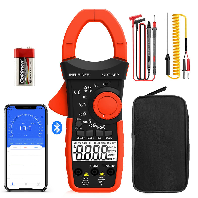 [Australia - AusPower] - Wireless Clamp Meter, 1000A AC/DC Current Amp Clamp, TRMS 4000 Counts Auto Range Clamp on Ammeter, Bluetooth Clamp Multimeter Measures Voltage, Capacitance, Ohm, Hz and Temperature 