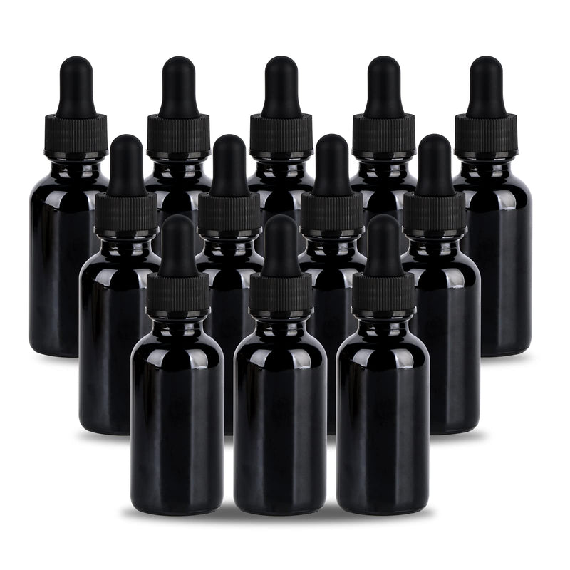 [Australia - AusPower] - 1 oz UV Resistant Dropper Bottle 12 Pack Black Glass Boston Bottles 30ml with Eye Droppers Black Caps for Essential Oils, Perfume, Leak Proof Travel Bottles for Liquids UV Black 1oz,12pcs 