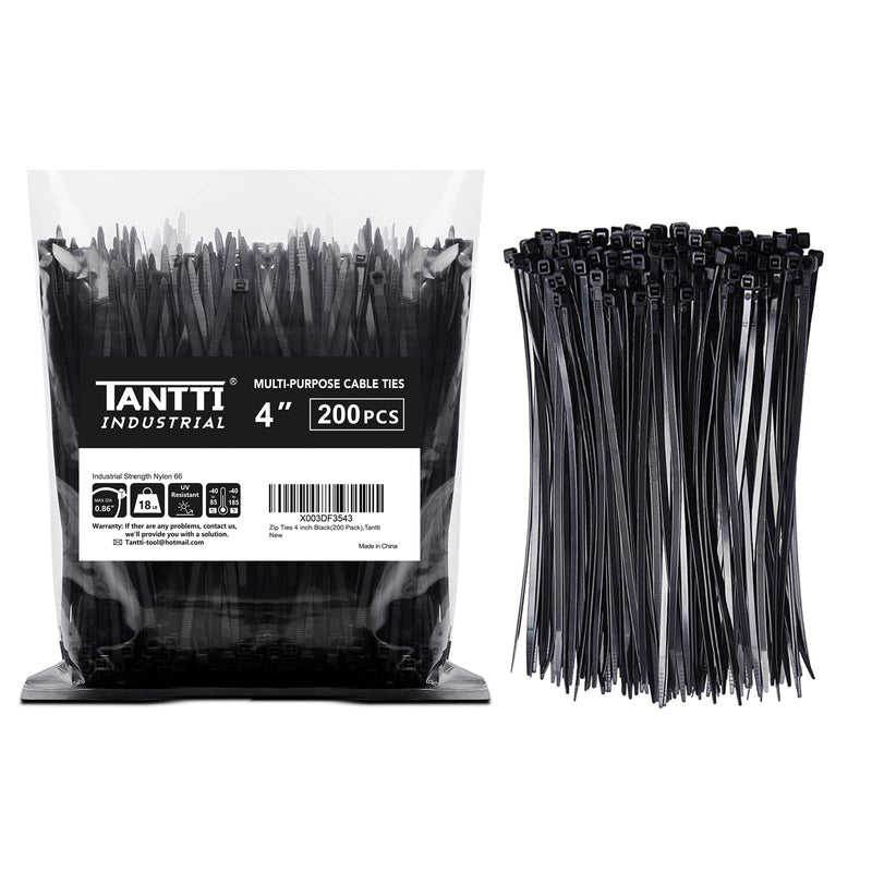 [Australia - AusPower] - Zip Ties 4 inch, Small Zip Ties with 18 lb Tensile Strength, Black, 200 Pack, by Tantti Supply 4" (200 Pack) 