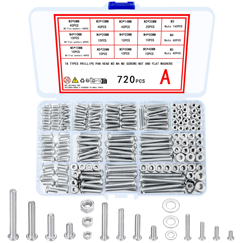 [Australia - AusPower] - 720 Pcs Nuts and Bolts Assortment Kit, M3 M4 M5 Carbon Steel Screws Bolts and Nuts and Washers Assortment Set, Assorted Cross Pan Head Machine Screws Nuts and Bolts, with Storage Case 