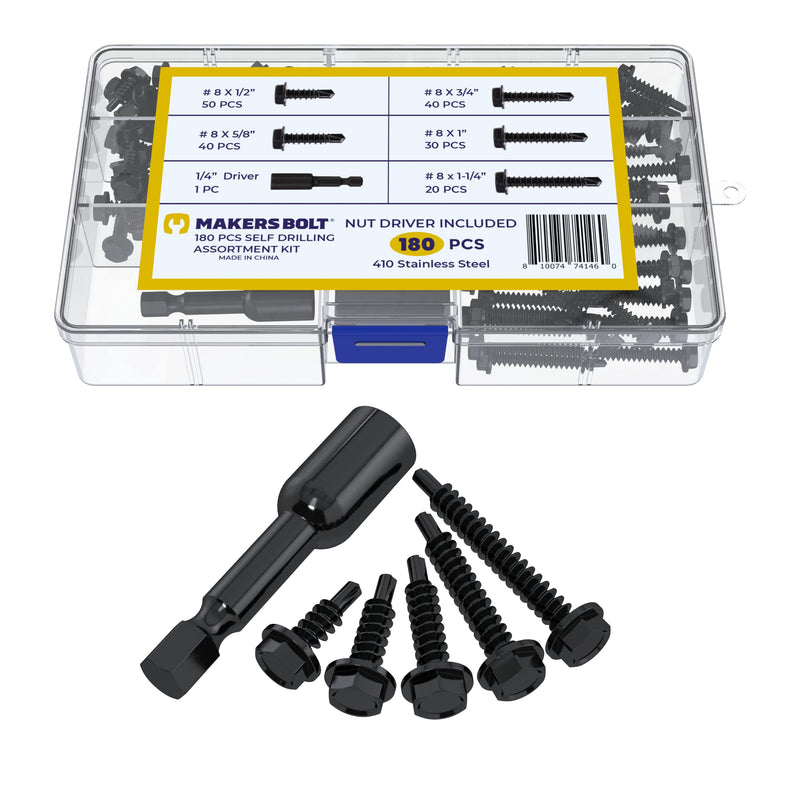 [Australia - AusPower] - Self Tapping Screws for Metal, Assortment Pack with Driver (180 pcs) Black Oxide 410 Stainless Steel, 8 Diameter, 1/2" to 1-1/4" Length #8 Assortment Kit 