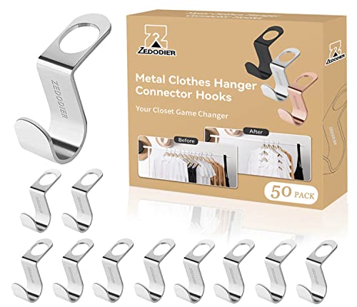Metal Space Saving Hanger Hooks 50 Pack, Clothes Hanger Connector Hooks Silver