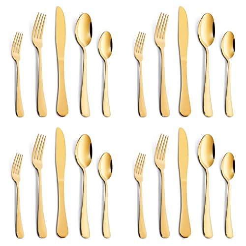 Gold Silverware Set 20 pcs, Knife Spoon Fork Silverware, Durable Stainless Steel Flatware Set, Kitchen Eating Utensils Set for Home Party and Restaurant, Dishwasher Safe Gold /