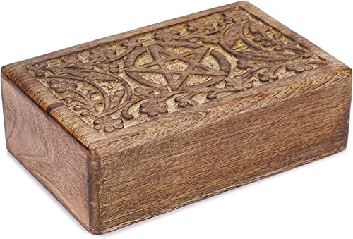 Ajuny Wooden Jewelry Box Moon Star Carved Keepsake Chest 8x5 Inch Case