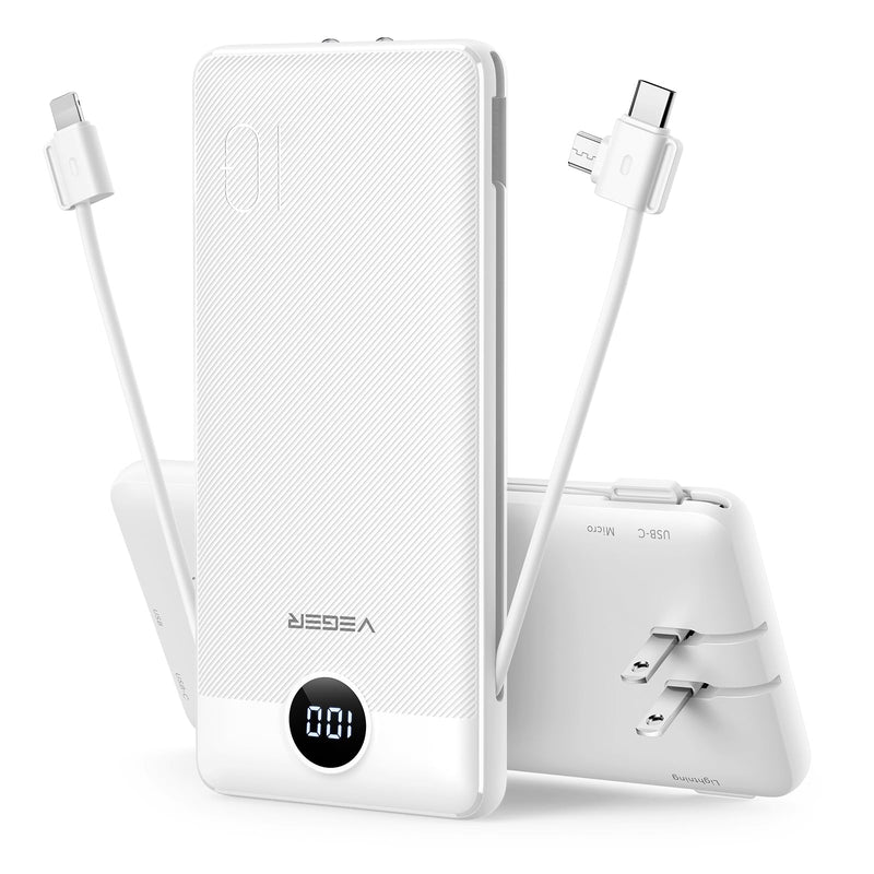 [Australia - AusPower] - VEGER Portable Charger for iPhone Built in Cables and Wall Plug, 10000mah Slim Fast Charging USB C Power Bank, Travel Essential Battery Pack Compatible with iPhones, iPad, Samsung, and More(White) B White 