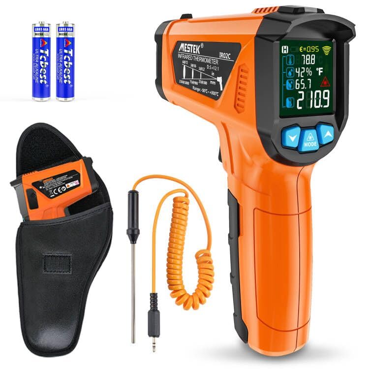 [Australia - AusPower] - MESTEK Infrared Thermometer Gun, Non Contact Digital Laser Thermometer Temperature Gun with Color LCD for Cooking, Home Repairs, Humidity Measurement, Adjustable Emissivity -58°F to 1472°F(-50~800°C) Orange -58°F to 1472°F 