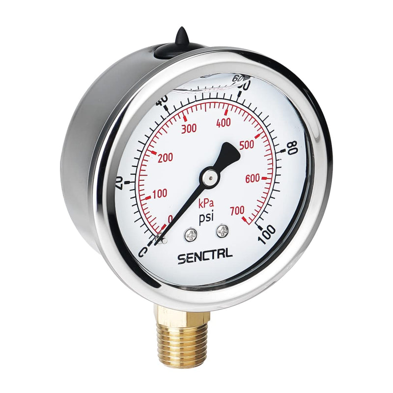 [Australia - AusPower] - 100 Psi Lead-Free Glycerin Liquid Filled Low Pressure Gauge, 2.5" Dial Size, 1/4" NPT Lower Mount, Stainless Steel Case, for Home Potable Water Pump, Air, Well, RV Hose, Pressure Test 0-100Psi Lower Mount (Lead Free) 