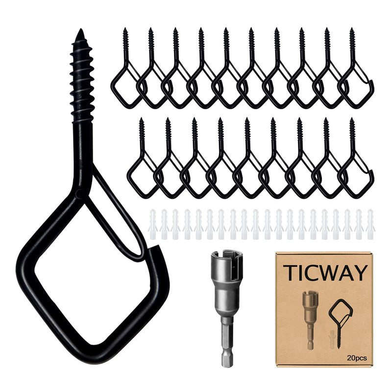[Australia - AusPower] - 20 PCS Q-Hanger Hooks for String Lights,Ceiling Hooks for Hanging Plants,Screw Hooks for Wind Chimes,Bird Feeder,Lanterns,Christmas Decorations Outdoor String Lights Hooks(Square Hanger) Black 20 