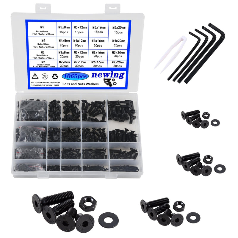 [Australia - AusPower] - newlng M2 M3 M4 M5 Socket Head Screws Set Carbon Steel Black Flat Head Hexagon Bolts and Nuts Washers Set 1065pcs Countersunk Head Screw & Bolt Assortment Sets with Spanner for Home Industrial M2345-3 