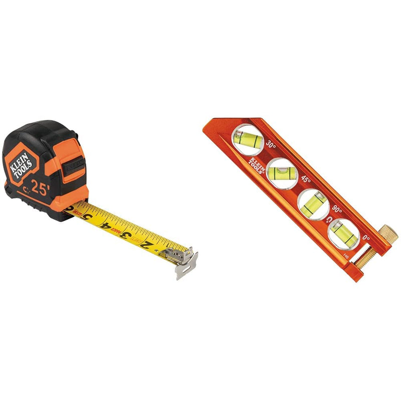 [Australia - AusPower] - Klein Tools Tape Measure and Level Bundle | 9225 + 935AB4V Magnetic Double Hook + Level, 6.25-Inch 