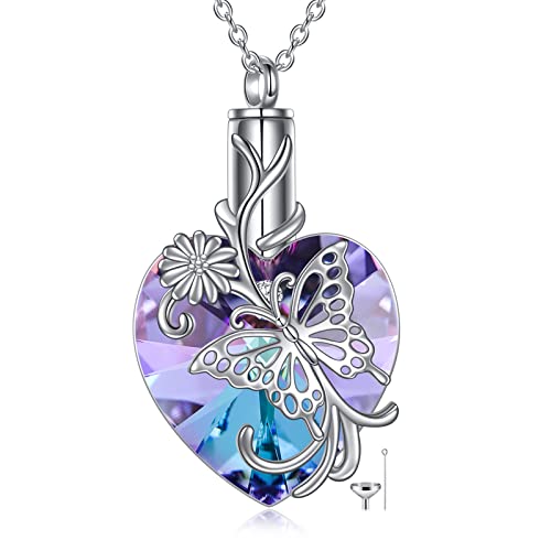 YFN Elephant Heart Crystal Urn Necklace for Ashes Cremation Jewelry Sterling Silver with Crystal Jewelry Gifts for Women Butterfly