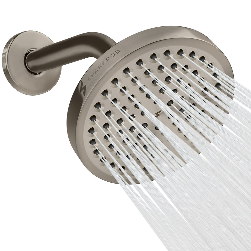 SparkPod 6" Rain Shower Head With 6" Shower Arm - High Pressure Rainfall Experience - No Hassle Tool-less 1-Min Installation - Enjoy Energy Saving Longer Hot Showers - Gain Space & Style - Durability Shower Head + 6 Inch Shower Arm