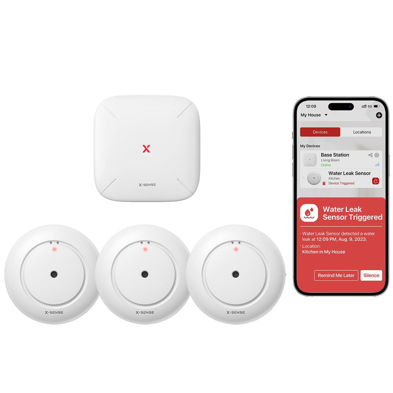 [Australia - AusPower] - X-Sense Wi-Fi Water Leak Detector, Smart Water Sensor Alarm, Water Detector Alarm with 1700 ft Transmission Range for Kitchens, Basements, Bathrooms, 3 Water Detectors & 1 Base Station, Model SWS54 3 Sensors (110 dB) + Base Station 