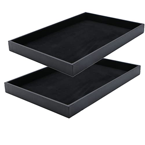 Two black velvet stackable jewelry trays by JETEHO, showcasing space for necklaces, bracelets, and rings on an empty display plate.