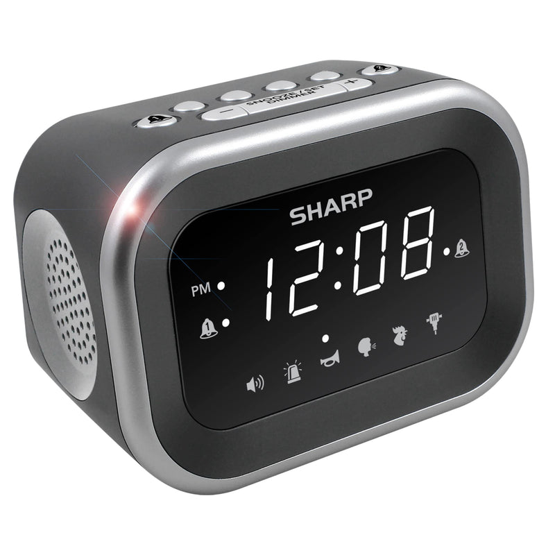 [Australia - AusPower] - Sharp Big Bang Super Loud Alarm Clock for Heavy Sleepers, 6 Extremely Loud Wake Up Sounds: Rooster, Bugle, Nagging Mom, Jackhammer, Siren, Beep– Up to 115db Volume, Silver/Black with White LED Display 
