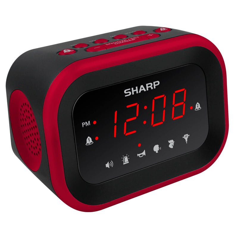 [Australia - AusPower] - Sharp Big Bang Super Loud Alarm Clock for Heavy Sleepers, 6 Extremely Loud Wake Up Sounds: Rooster, Bugle, Nagging Mom, Jackhammer, Siren, Beep – Up to 115db Volume, Red/Black with Red LED Display 