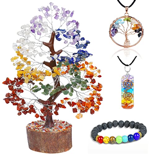 7 Chakra Crystal Tree of Life with Bracelet & 2 Pendants Feng Shui Bonsai 002 Seven Chakra (Silver Wire)