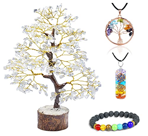 Crocon® Clear Quartz Crystal Tree of Life with 1 Bracelet & 2 Pendants