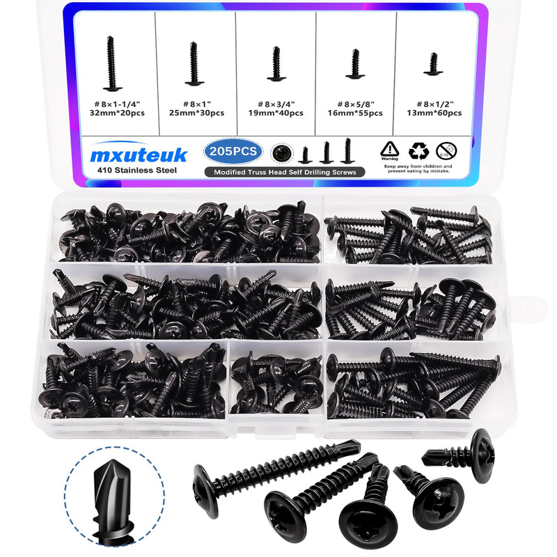 mxuteuk #8 x 1/2'' to 1-1/4" Black Self Tapping Screws for Metal Modified Truss Head 410 Stainless Steel Self Tapping Screws? 205PCS ? Truss&Head