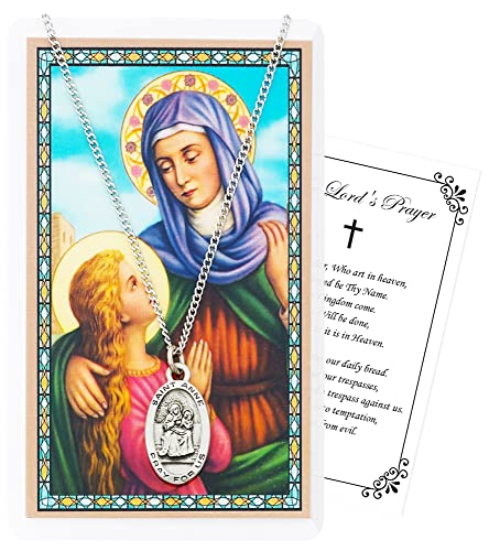Saint Anne Medallion Necklace with St Anne Prayer Card, Lord's Prayer Card | St Anne Medal Jewelry | Catholic Holy Patron Saint Of Unmarried Women, Mothers, Grandmothers Themed Set, Total 3 Items