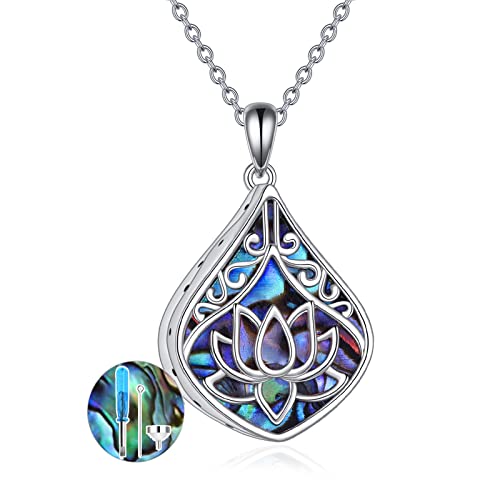 POPLYKE 925 Sterling Silver Lotus Sunflower Hummingbird Necklace Teardrop Abalone Necklace or Cremation Jewelry for Women Birthday Christmas Gifts Lotus Abalone Urn Necklace for Ashes