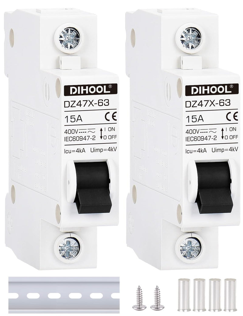 [Australia - AusPower] - DIHOOL AC/DC Miniature Circuit Breakers, 2 Pack, Single Pole 15 Amp, 12V 24V 48V 400V, Non Polarized, Solar Disconnect Switch, DIN Rail Mount, RV Battery Isolator, PV Array MCB, Thermal Magnetic Trip 15a 
