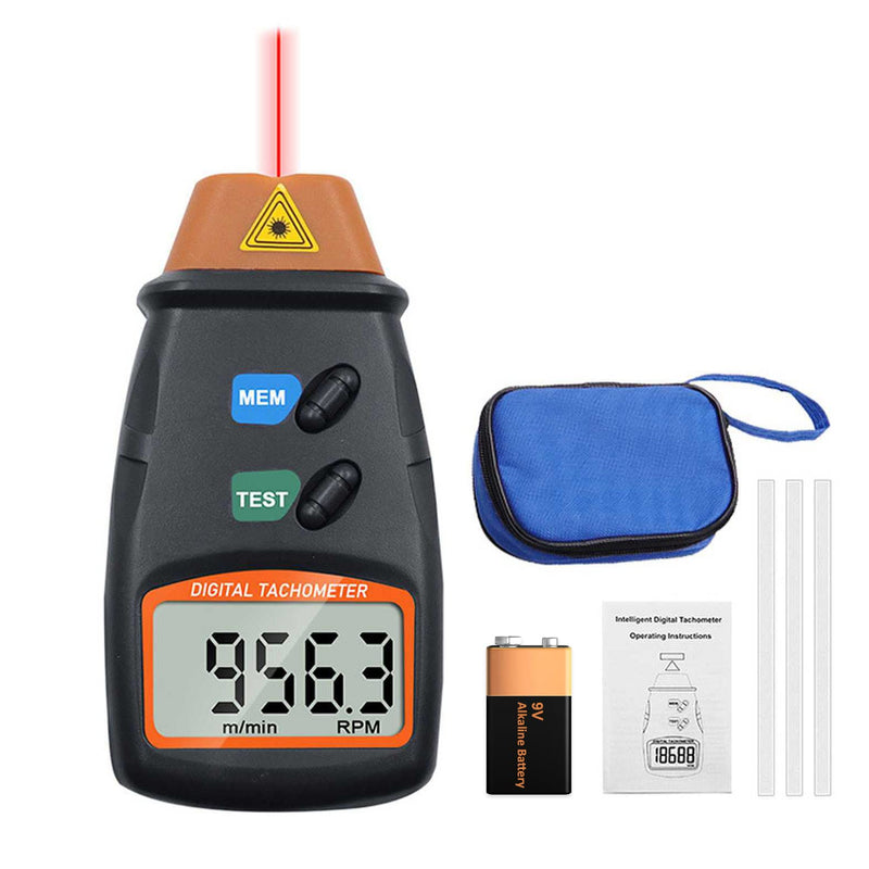 Mengshen Digital Tachometer Non-Contact Laser 2.5-99999RPM | Speedometer with reflective tape, speed meter, 9 V battery included