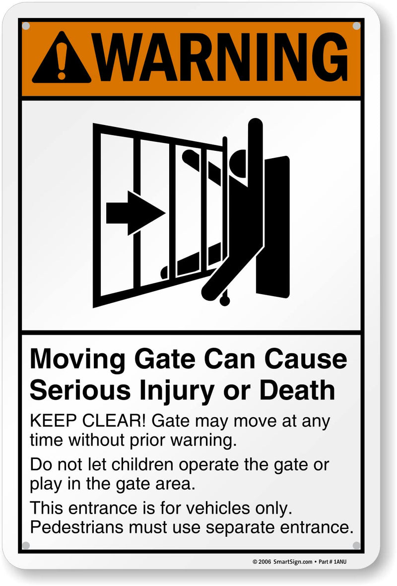 SmartSign 18 x 12 inch “Warning - Moving Gate Can Cause Injury Or Death” Metal Sign, 63 mil Laminated Rustproof Aluminum, Black, White and Orange, Made in USA Black/Orange/White-12" x 18" Aluminum