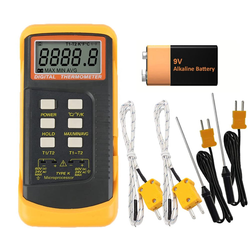 [Australia - AusPower] - Mengshen K-Type Digital Thermometer, 2 Channel with 4 Thermocouples Probe Sensor -50~1370°C (-58~2498°F) °C °F Kelvin Scale Switchable Handheld Temperature Meter Measurement 