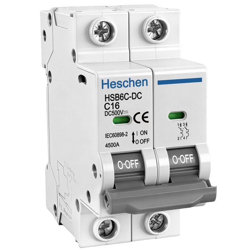 Heschen HSB6C-DC 2 Pin DC 500V C 16A Non-Polarized DIN Rail Mounted Photovoltaic Circuit Breaker for Solar Systems Standard design