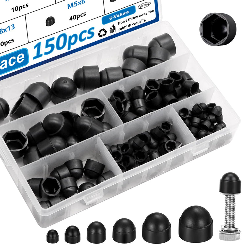 [Australia - AusPower] - smseace 150pcs 6-Values Bolt and Nuts Protective Caps M4/M5/M6/M8/M10/M12 Bolt Covers Caps kit Nuts and Bolt Cap Assortment Kit Used Protect Hex Screws 
