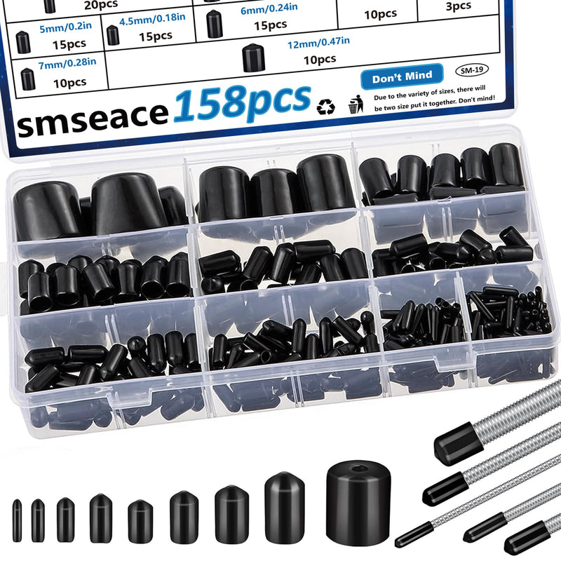 smseace 158pcs 12-Values 2/25" to 4/5" Rubber End Caps 2mm-20mm Rubber Caps for Bolts Screw Caps Rubber Screw Caps Black Vinyl Round Rubber tip Cap SM-19