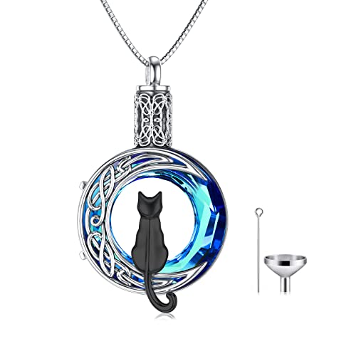 TOUPOP Cat Cremation Jewelry for Ashes Sterling Silver Cat Moon Urn Necklace that Hold Human Pet Ashes Memorial Keepsake Jewelry Black Cat