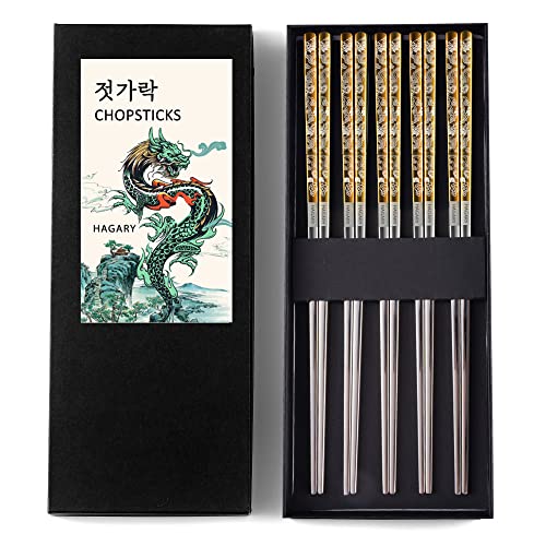 Hagary Dragon Chopsticks Metal Reusable Designed In Korea Japanese Style Stainless Steel 316 18/10 Non-Slip Dishwasher Safe Laser Etched (Gold - 5 Pairs) Gold - 5 Pairs