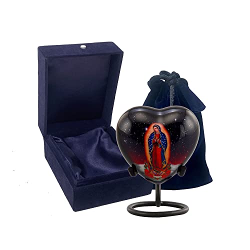 Our Lady of Guadalupe Heart Keepsake Urn, Urn and Ash Storage Religious Token Urn for Ashes, Spiritual Sharing Urn, Handcrafted Memorial Heart Urn with Velvet Case & Bag (Heart Keepsake)