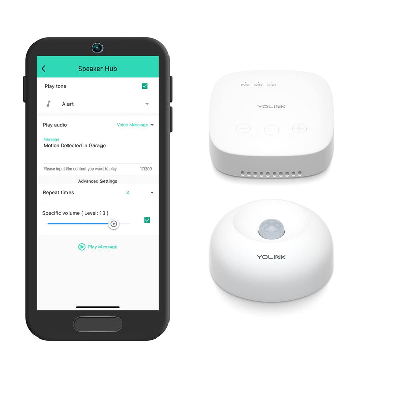 YoLink SpeakerHub & One Motion Sensor Smart Home and Security Kit – Audio Hub Plays Tones/Sounds, Spoken Messages, LoRa-Powered ¼ Mile Range, WiFi Required Indoor IPR, 1-Pack