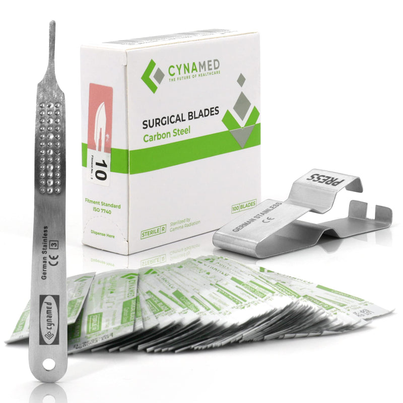 [Australia - AusPower] - Cynamed 3-Piece Professional Dermaplaning Tool Kit - Stainless Steel Scalpel Handle 3, Blade Remover, 100 Surgical Dermaplane Blades - Skin Exfoliation & Vellus Hair Removal - Dermatologist Supplies 