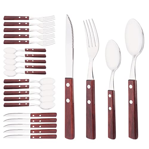Wooden Handle Flatware Set, Knives Forks Spoons Set for 6, 24-Piece 304 Stainless Steel Kitchen Utensils Set, Silverware Set with Wood handles, Red Wood with Rivet & Retro Style Cutlery 24-Piece Service for 6