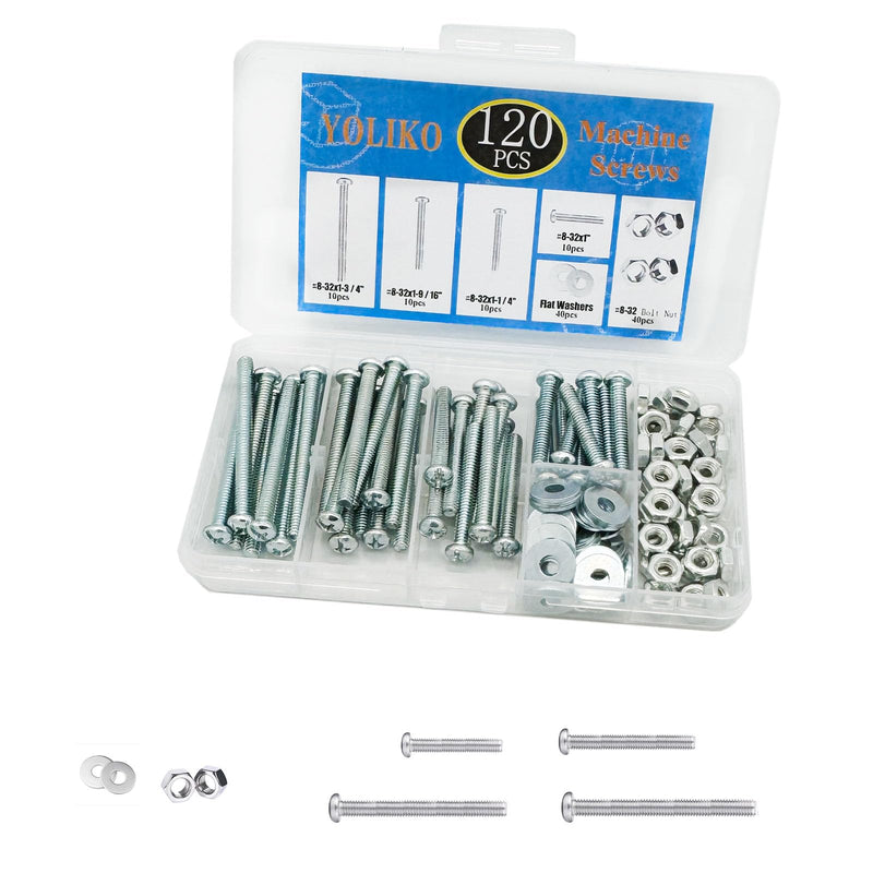 [Australia - AusPower] - 120 Pcs Machine Screws 8/32 Knob/Pull Screws Bolt Nut Flat Washers Assortment Kit Carbon Steel Zinc-Plated Phillips Used for Industrial and Construction Fasteners 4 Sizes Length #8-32x1"to#8-32x1-3/4" 120 Pcs Machine Screw Kit 