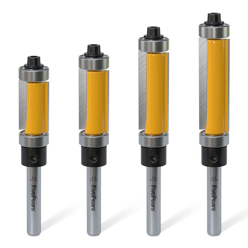 [Australia - AusPower] - FivePears 4 PCS Top and Bottom Bearing Flush Trim Router Bits Set 1/4 Inch Shank, 1/2 Inch Cutting Diameter, 3/4", 1", 1-1/4", 1-1/2" Cutting Length 4 Bits Set - 1/4" Shank 