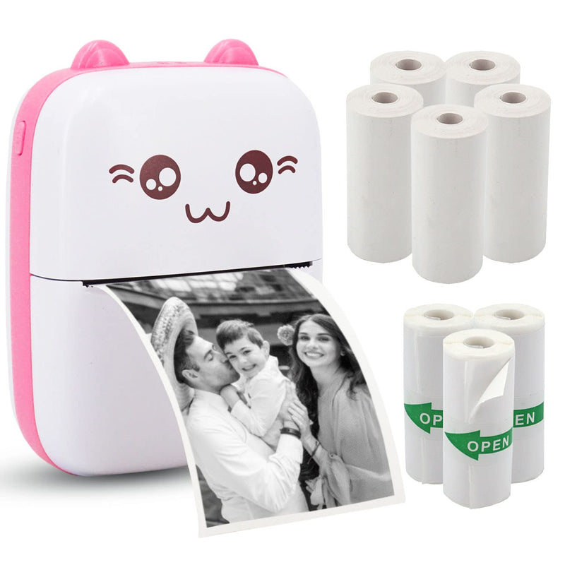[Australia - AusPower] - Mini Pocket Printer, Portable Thermal Printer with 8 Rolls Printing Paper, Bluetooth Wireless Tiny Printer for Photos/Stickers/Labels/Notes/Receipts, Compatible with iOS and Android, Pink 