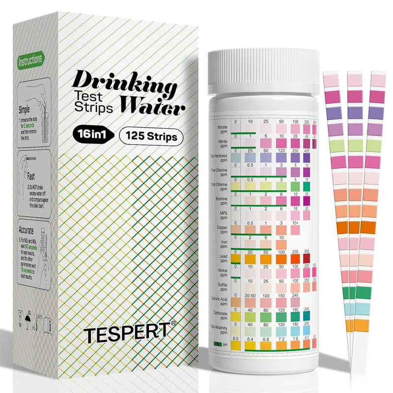 TESPERT Drinking Water Test Strips 125ct 16 in 1 – 30s Quick Screening for Hardness, pH, Iron, Nitrite, Copper, Chlorine, Nitrite, Carbonate,Lead, Alkalinity...Well, Tap, Home, City Water Testing 16 in 1 Drinking Water Testing Kit