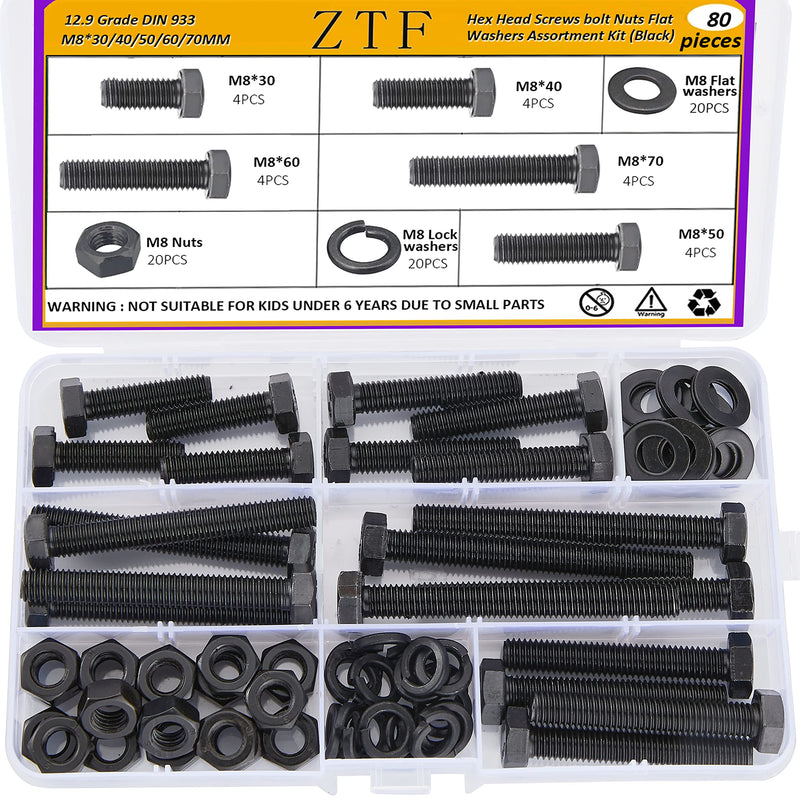 [Australia - AusPower] - 80Pcs m8 x 1.25 Bolt Metric Nuts and Bolts Assortment 30mm, 40mm, 50mm, 60mm, 70mm, 20 Sets Black Full Thread Hex Head Bolts and Nuts Kit M8, 12.9 Grade Alloy Steel with Flat and Lock Washers M8 Bolt Assortment 